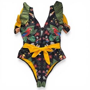 Sporlike Tropical Parrot One-Piece Swimsuit Ruffle Trim Tie Waist Large Swimwear